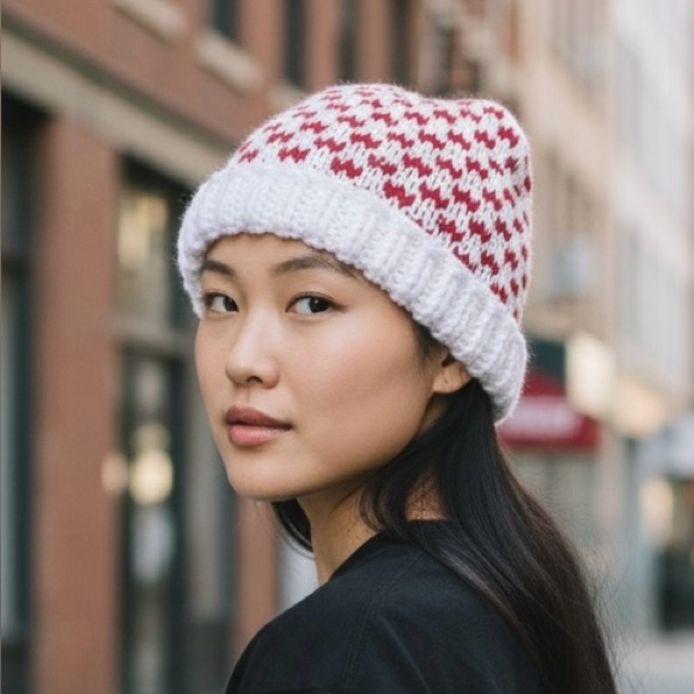 Hat Beanie Hand Crafted Red White Winter Essential Valentines Christmas Knit